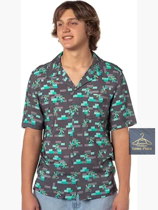 Other - Minecraft Steve Diamond Armor Hawaiian Button Down Camp Collar Shirt